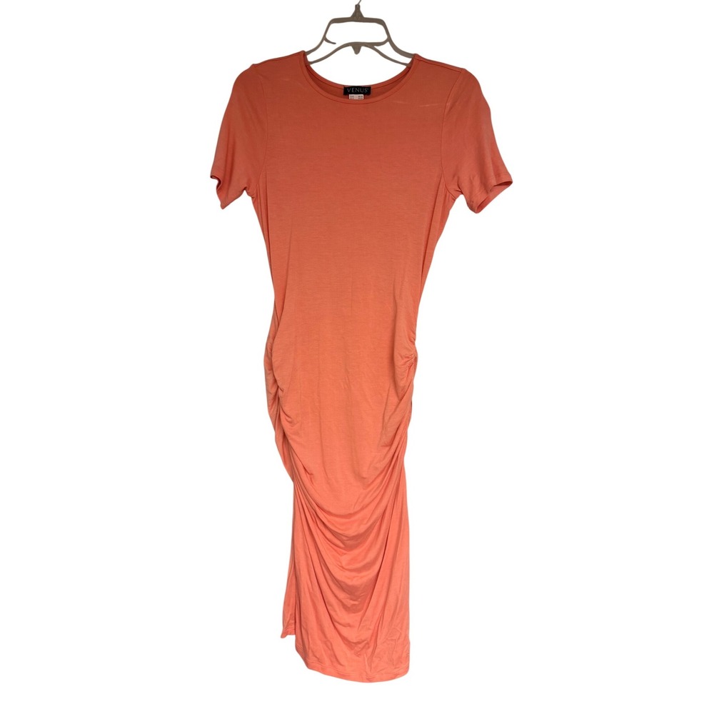 Venus Coral Ruched Side Bodycon Midi Dress Short Sleeve Stretch Sheath Small